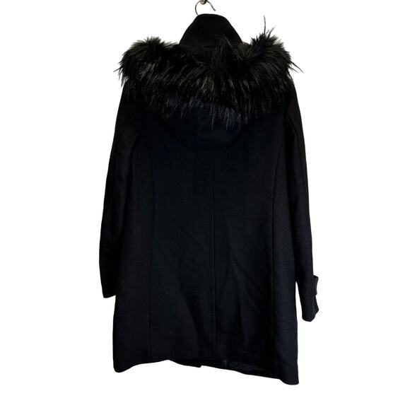 Cole Haan Black Faux Fur Trim Hooded Wool Long Duffle Pea Coat Womens Size 8 - Picture 10 of 16